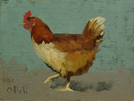 Oil painting of a chicken.
